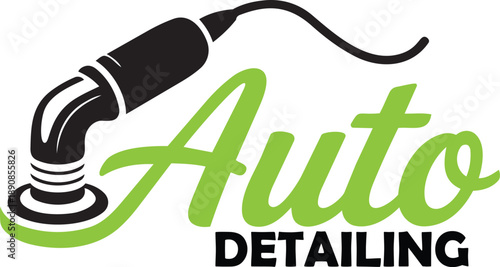 A professional auto detailing logo featuring a car polisher and bold green and black typography