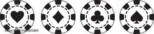 A row of four distinct poker chips displaying the classic heart, diamond, club, and spade suits