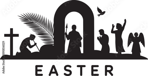 A solemn Easter silhouette scene depicting an arch, a cross, praying figures, and a dove