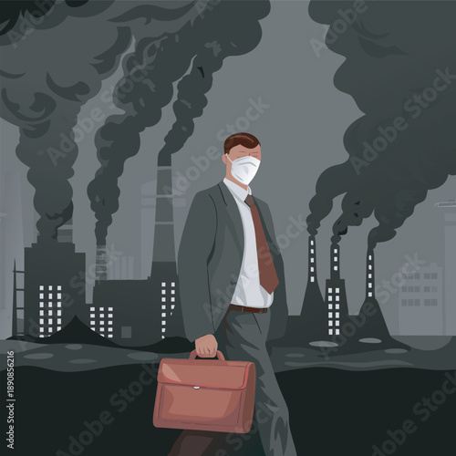 Businessman wearing face mask in polluted industrial city environment