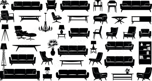 Modern Living Room Furniture Silhouette Collection Including Sofas Chairs Tables Lamps And Plants For Home Interior Design Vector Illustration Set