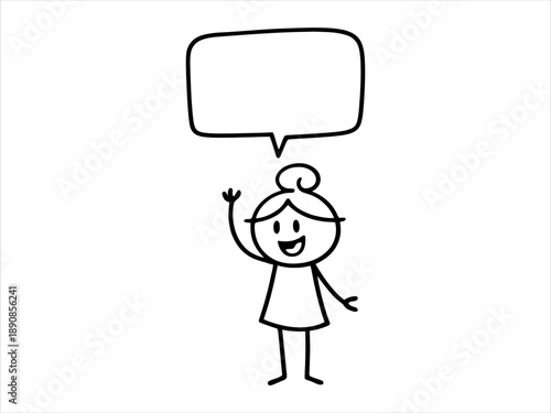 Minimalist stick figure woman raising hand, blank speech bubble for your custom text