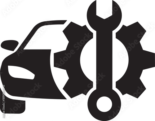 Black silhouette of a modern car with a large gear and a wrench for vehicle maintenance