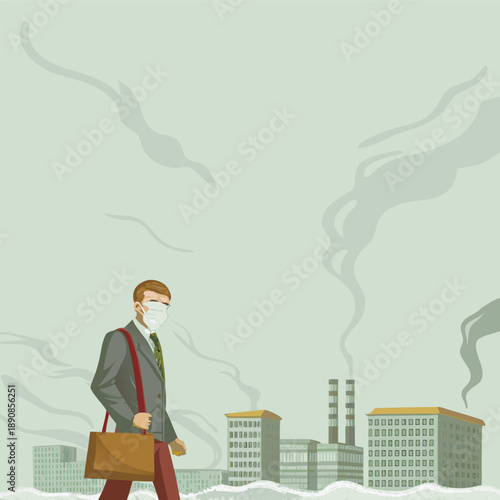 Businessman wearing protective mask walking in green smog polluted city