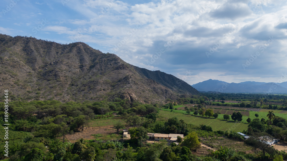 Obraz premium Aerial drone panoramic natural landscapes of Lambayeque, Peru, featuring forests, agricultural fields, and rural scenery near main cities and villages, ideal for tourism, marketing and graphic design
