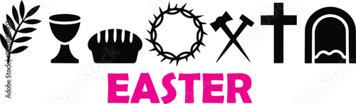 Christian Easter symbols like palm branch chalice bread crown cross and tomb with EASTER text