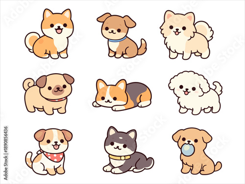 Cute kawaii dogs illustration, various breeds in a playful cartoon style