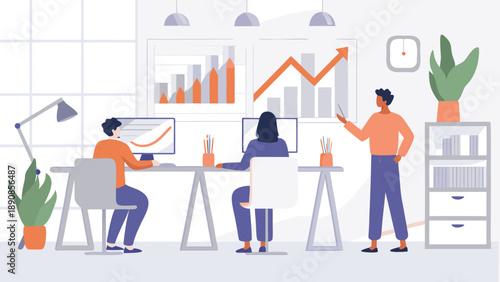 Contemporary office workspace with team collaboration and data analysis on screens and whiteboard