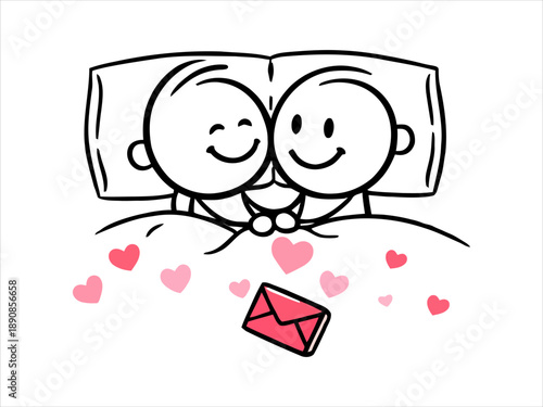 Joyful stick figures in bed sharing a tender romantic moment with a cherished love letter and floating hearts