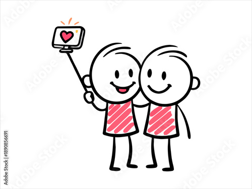 Happy Stick Figures Couple Taking a Fun Selfie Together with a Smartphone
