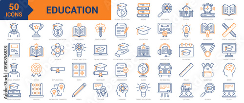 Education colored line icon collection set. Containing school, alarm clock, open book, learning, science, science and tech, online learning, educational services, university, knowledge icons