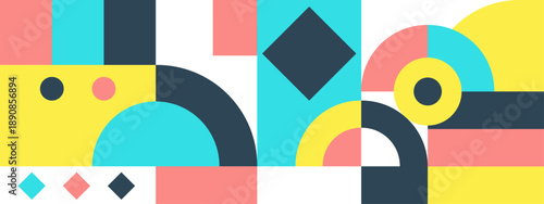 Modern minimalist background using flat geometric shapes and vibrant colors to create an abstract urban or landscape composition