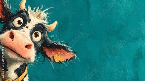 Playful Cartoon Cow Character with Big Eyes and Pink Nose on Vibrant Blue Wall