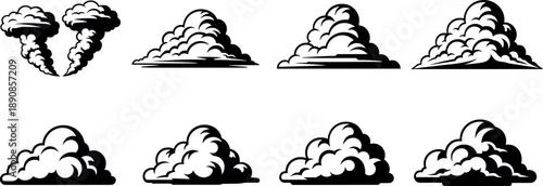 Set of stylized comic book clouds and smoke vector illustration collection in black and white for retro design.
