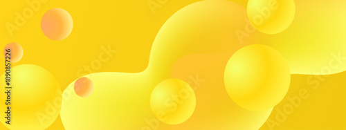 Bright yellow abstract background featuring 3D spheres and fluid liquid shapes for energetic commercial use
