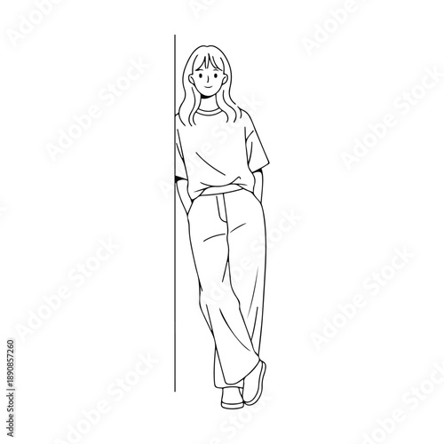 Minimalist line art drawing of a young woman leaning against a wall in casual clothing