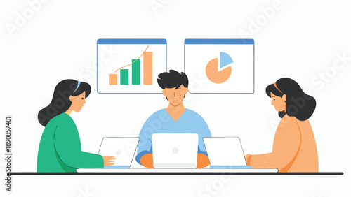 Flat illustration of a diverse team in a creative business meeting with laptops and graphs
