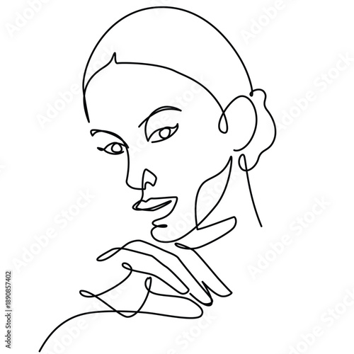 Beautiful woman with hand under chin one line drawing. Beautiful woman with hand under chin single line illustration. Beautiful woman with hand under chin minimalist line art