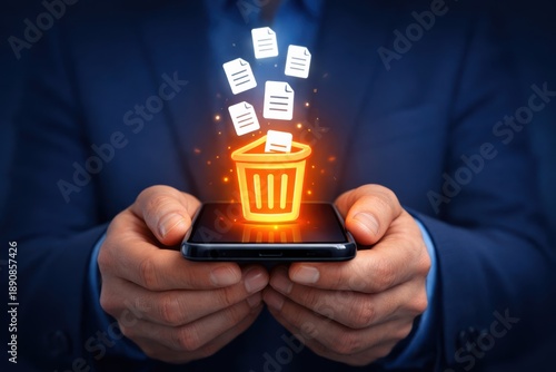 Digital Purge: A metaphorical representation of data deletion, showing documents being discarded into a digital trash bin via a smartphone.