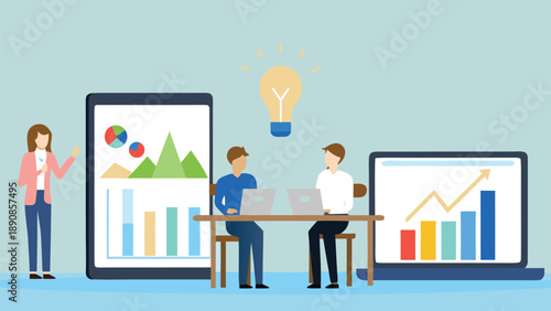 Flat illustration of creative business meeting with people analyzing data on large screens and laptop