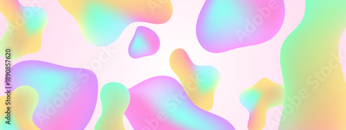 Vibrant pink and cyan gradient liquid blobs floating on a soft pink background creating a playful and trendy atmosphere