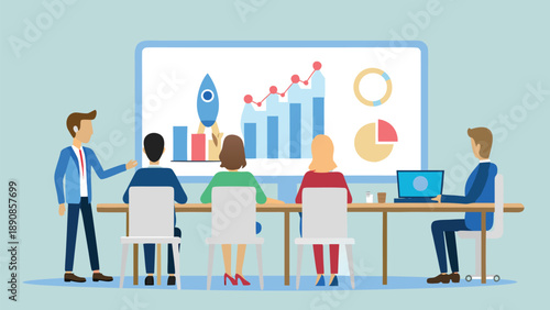 Business team discussing growth strategy in modern boardroom with graphs and charts on screen