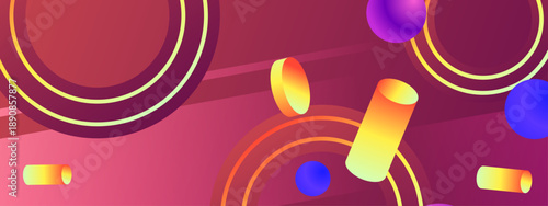 Bold 3D shapes including cylinders and rings floating on a dark red and burgundy gradient background with intense glow