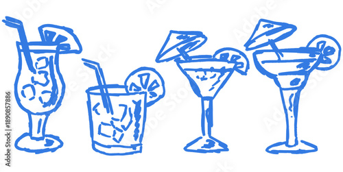 Set of Hawaiian drink drawing vector for tropical cocktail menus. Hand-drawn tiki bar art ideal for summer party flyers and beach resort ads.