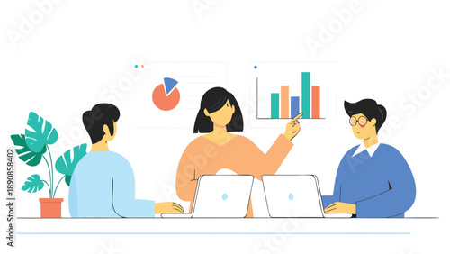 Modern office collaboration with people working on laptops and analyzing data charts