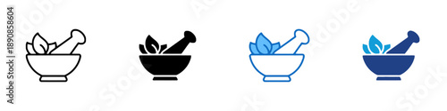 Mortar and pestle icon with leaves, symbolizing herbal medicine and natural remedies, available in outline, solid, and colored versions for various design needs