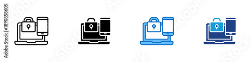 Multi-style icons depicting secure digital access with laptop phone and padlock symbolizing data protection and cybersecurity across devices