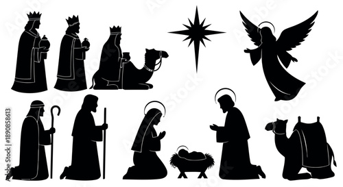Nativity scene silhouette with wise men camel angel star and holy family showing adoration baby Jesus mother Mary Joseph shepherds kneeling figures