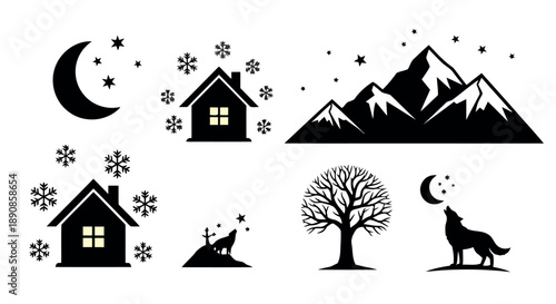 Night mountain landscape with crescent moon, stars, snowflakes, houses, bare tree and howling wolf, creating magical winter scene for holiday and nature themes