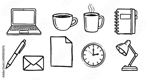 Office supplies and equipment for working at desk. Laptop computer, coffee cup, notebook, pen, envelope, paper sheet, clock, and desk lamp.