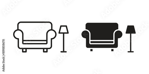 Outline and filled icons of armchair with floor lamp, representing interior design and home furnishings, suitable for furniture and decor concepts