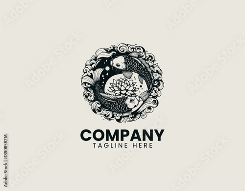 Two koi fish illustration forms circular balance around lotus in calm tattoo style