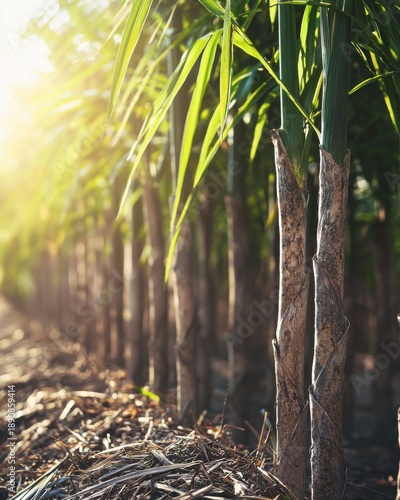 Close-Up View of Sugarcane Stalks with Green Leaves