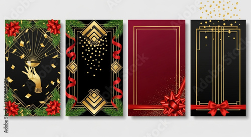 invitation card designs, blending vintage glamour with luxurious gold, red, and black motifs, perfect for holiday celebrations and special events