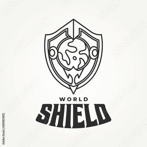earth with shield line art icon logo vector illustration design. global security and protection logo concept
