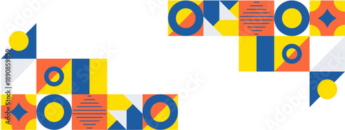 Minimalist white background with Bauhaus style geometric blocks in blue orange and yellow