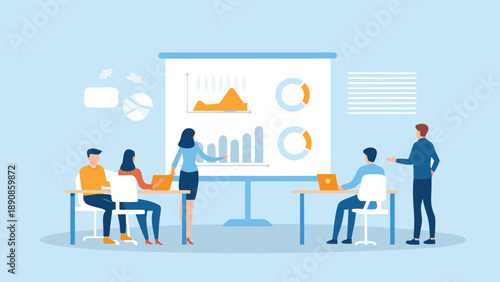 Business team analyzing data in a meeting with graphs on a whiteboard