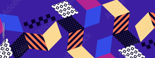 Abstract 3D geometric composition with cubes and patterns in blue orange and yellow