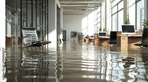 Flooded Office Space with Water Coverage in Modern Setting