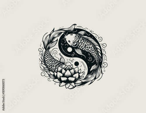 Two koi fish illustration forms circular balance around lotus in calm tattoo style