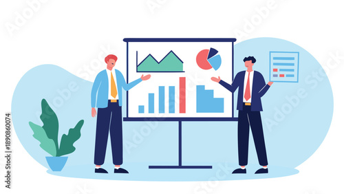 Two businessmen discuss analytics and data insights with graphs on a presentation board