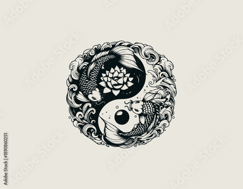 Two koi fish illustration forms circular balance around lotus in calm tattoo style