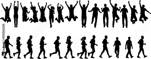 Active People Silhouettes Set of Jumping, Running, and Walking Men and Women Vector Illustration for Fitness and Celebration