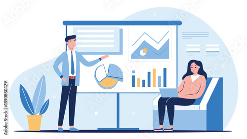 Business discussion scene with man presenting data on whiteboard to woman
