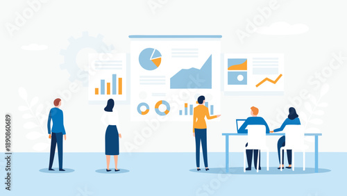 Business intelligence works with people analyzing data charts and graphs in office