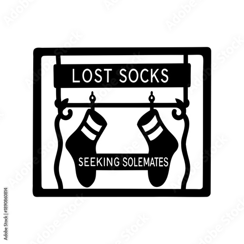 Black and white graphic of lost socks seeking sole mates concept